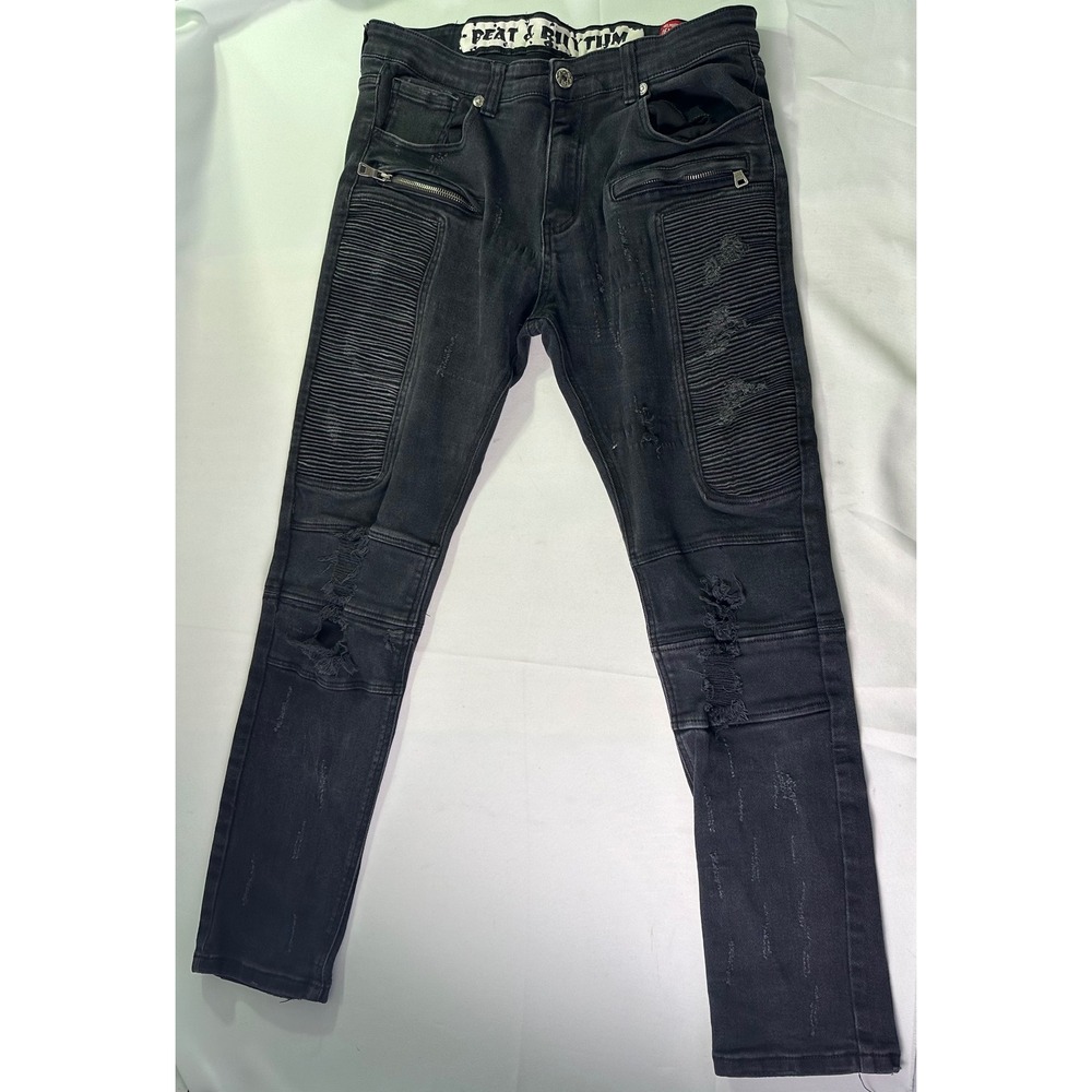 Beat‎ & Rhythm Premium Denim Biker Jeans Mens 36x32 Black Distressed Moto Skinny